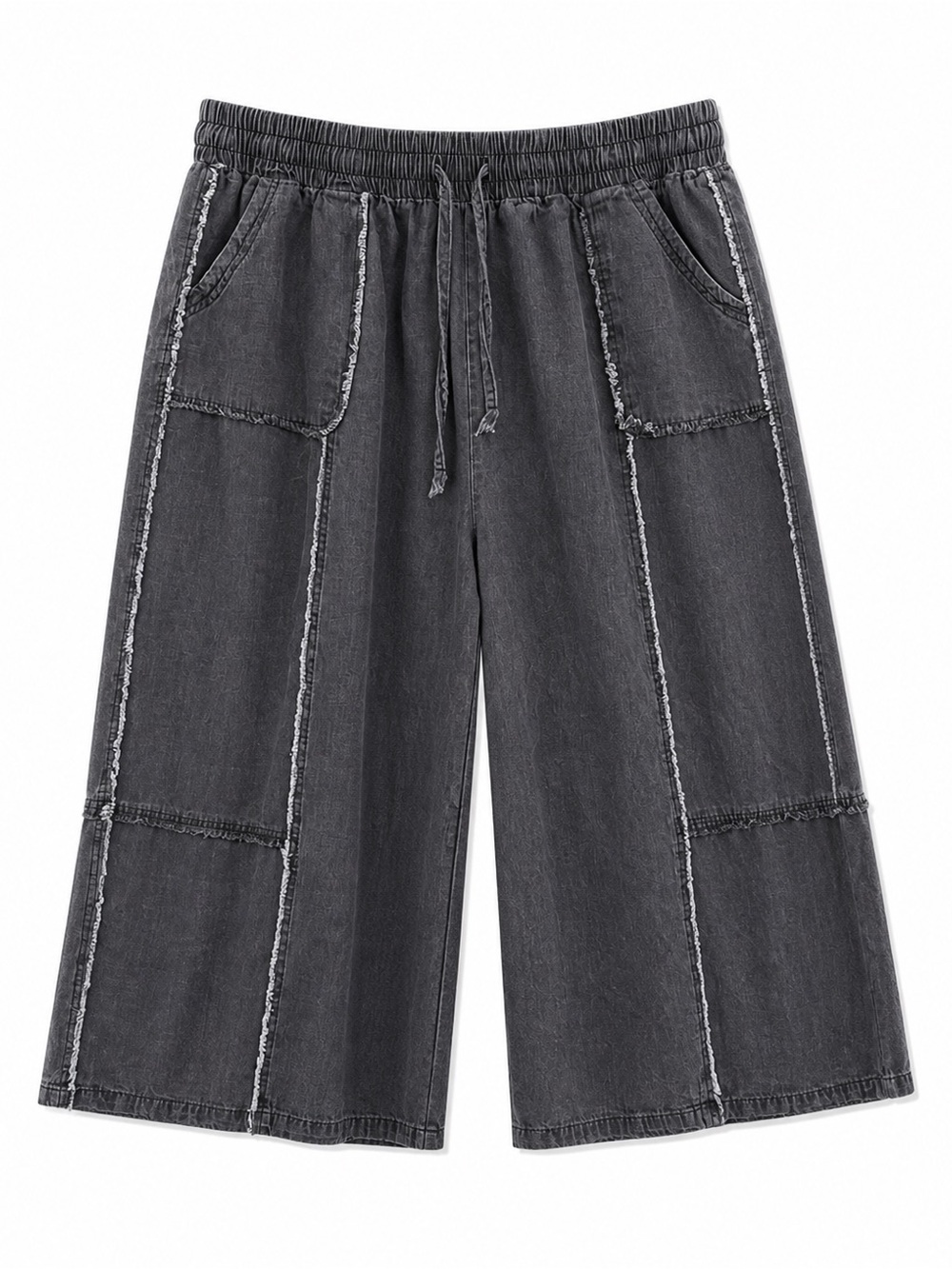 Easel Wide Leg Panelled Light Weight Denim Crop Pants - Charcoal Size 1x